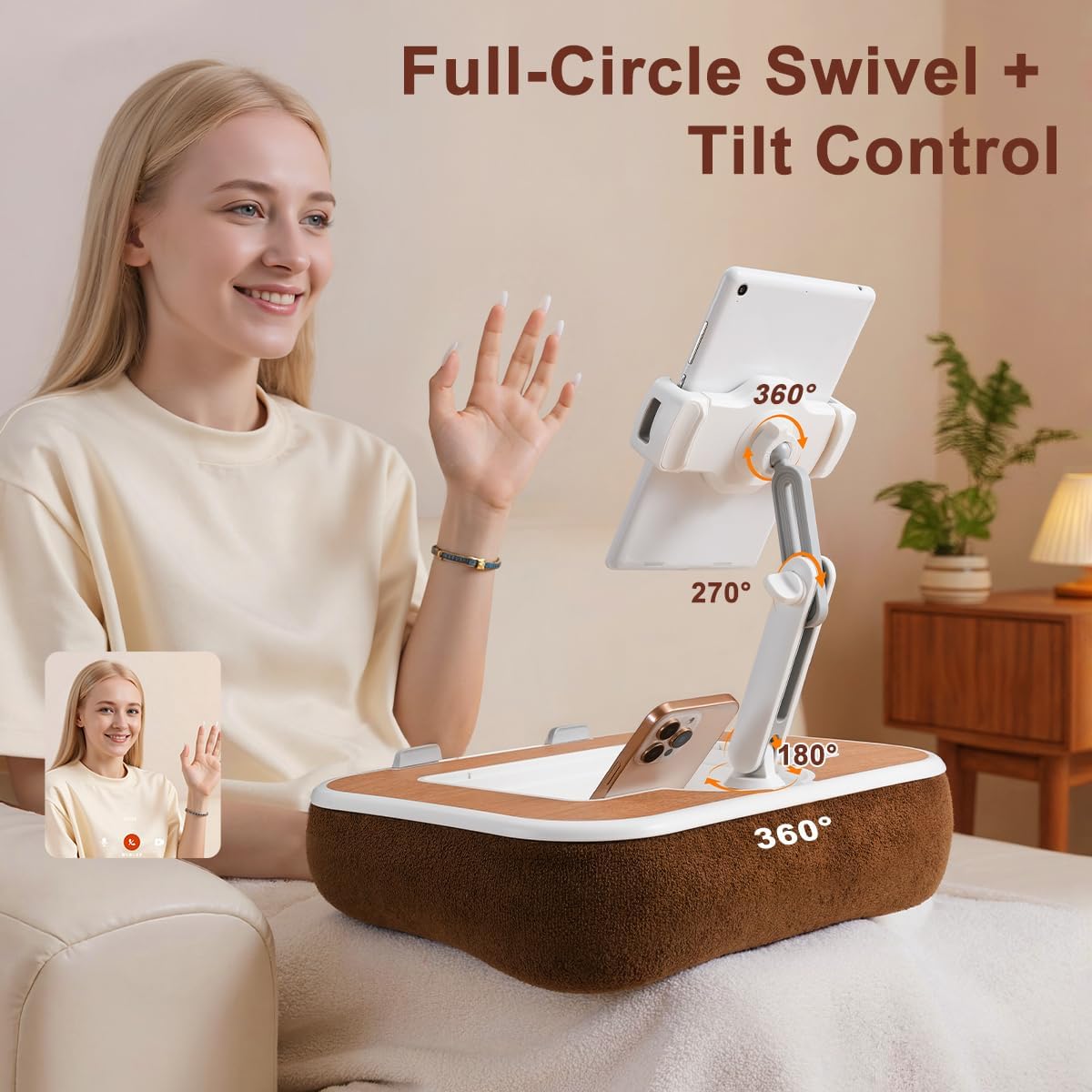 Tablet Pillow Stand with Snack Bowl, 360° Rotating Laptop Lap Desk for 4.7-13" Kindle/Tablet/Phone, 11-15" Laptop, Pillow Kindle Holder for Hands-Free Reading in Bed, Couch,Floor Etc-Wood Grain