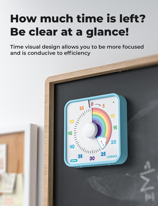 LIORQUE 60 Minute Visual Timer for Kids and Adults, Non-Ticking 7.5 Inch Large Visual Countdown Timers for Classroom Desk Countdown Clock with Magnetic Backing, Kids Pomodoro Timer Clock
