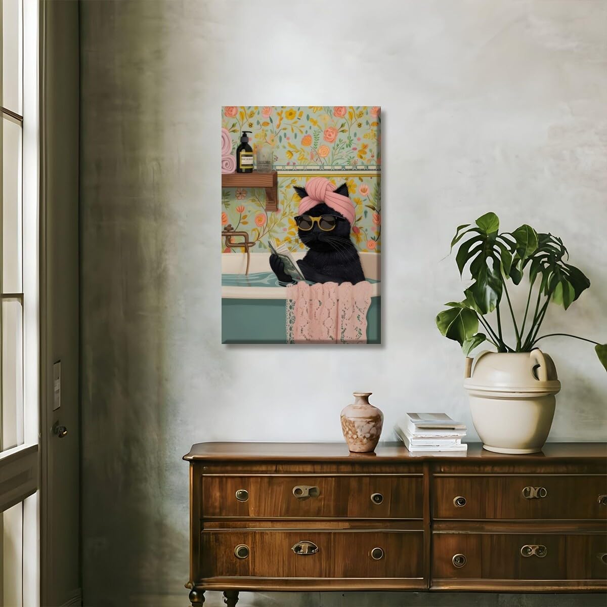 Funny Black Cat Bathroom Canvas Wall Art Cute Cat Reading a book in the Bathtub Poster Print Eclectic wall Decor Trendy Home Aesthetic Bathroom Toilet Decoration Unframed12x18inch