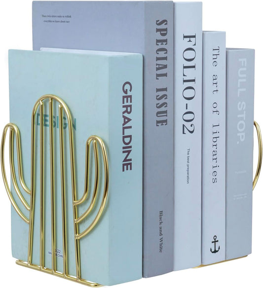MyGift Modern Brass Tone Bookends, Southwest Desert Style Sagauro Shaped Decorative Book Ends Stands for Home Office Desk School Bookshelf, Metal Wire Cactus Design,1 Pair