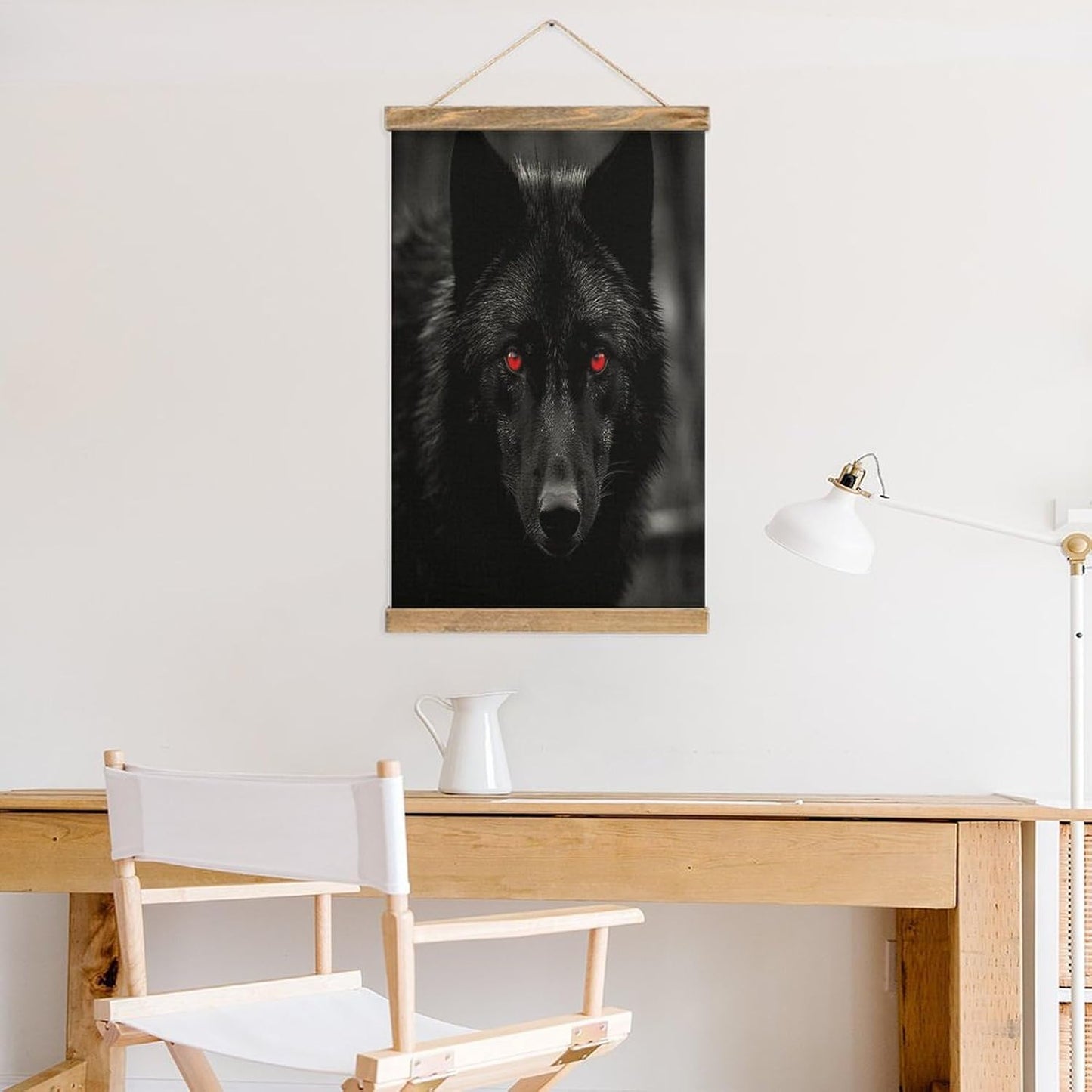 Vintage Black Red Eyed Wolf Poster with Wooden Frame Personalized Linen Hanging Scroll Painting Rustic Wall Hanging Illustrative Modern Artwork Decor for Home Living Room Bedroom Office