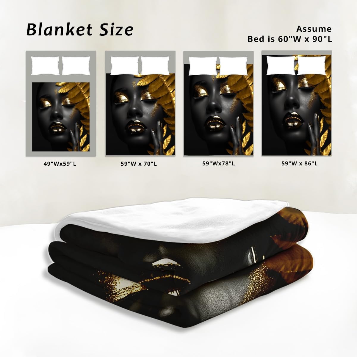 African American Woman Blanket Throw Black Gold Print Flannel Blanket Gifts for Girls Female Women African American Couch Bed Living Room Home Decor 49"x59"