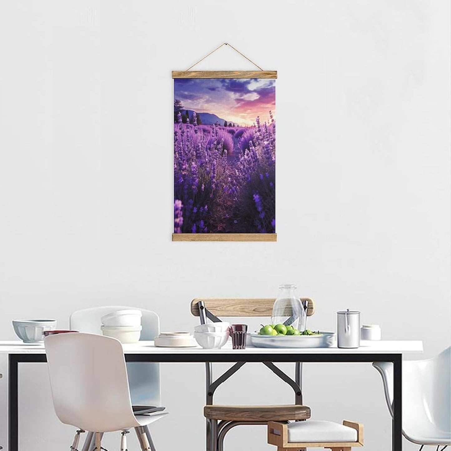 Vintage Purple Lavender Poster with Wooden Frame Personalized Linen Hanging Scroll Painting Rustic Wall Hanging Illustrative Modern Artwork Decor for Home Living Room Bedroom Office