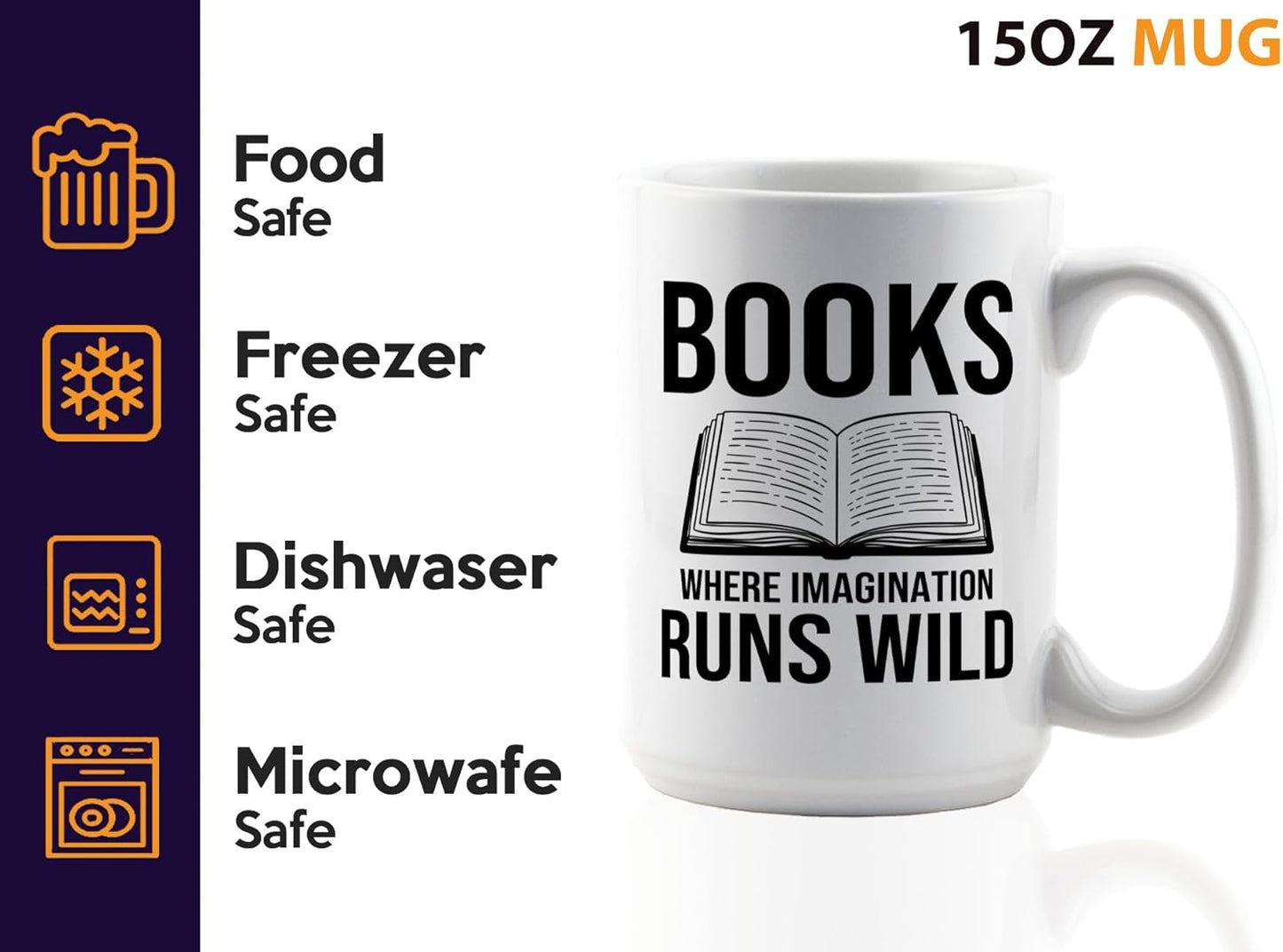 Book Lover Coffee Mug 15oz White -Books Where Imagination - Bookworm Literature Library Book Lover Reader Booked Editor Intellectual Studious