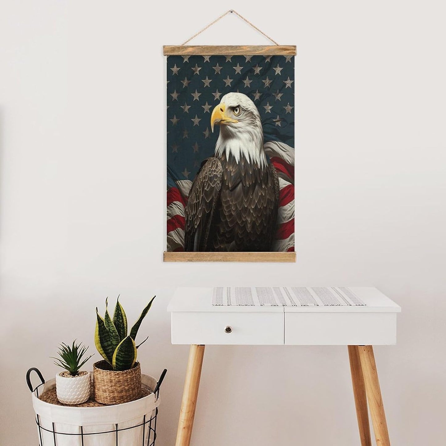 Vintage American Bald Eagle Sitting on Flag Ribbon Poster with Wooden Frame Personalized Linen Hanging Scroll Painting Rustic Wall Hanging Illustrative Modern Artwork Decor for Home Living Room Bedroo