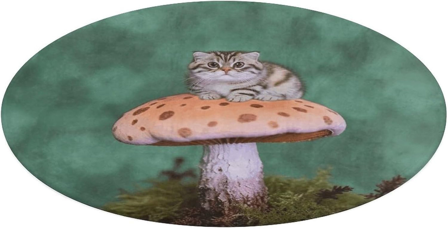 Cat on Mushroom Circle Rug Retro Luxury Coral Velvet Floor Mat Non Slip Soft Indoor Floor Carpet Comfy Thickened Area Rugs Modern Aesthetic Minimalist Carpets for Home Decor