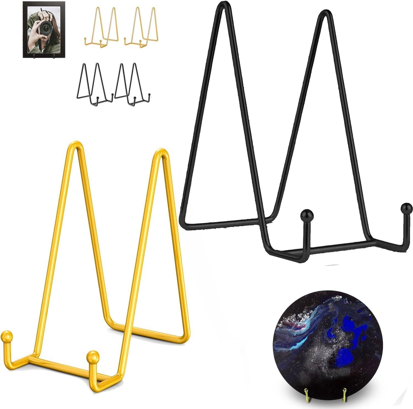 Plate Stands for Display 4 PCS - 6 Inch Plate Holder Display Stand + Metal Frame holder stand for Picture, Decorative Plate, Book, Photo Easel Golden Black(4 Pack, 2Color).