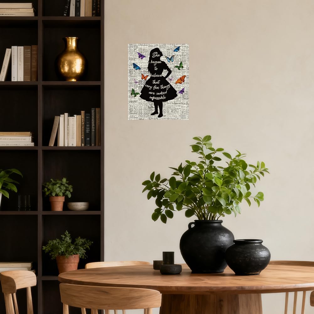 CRAFTYMELODY 4Pcs Alice Wonderland Quote Wall Art Prints Dictionary Wall Decor Poster Artworks Butterfly Flower for Apartment Dorm Decor Living Room Bedroom Home Decoration 11x13.8 Inch Unframed