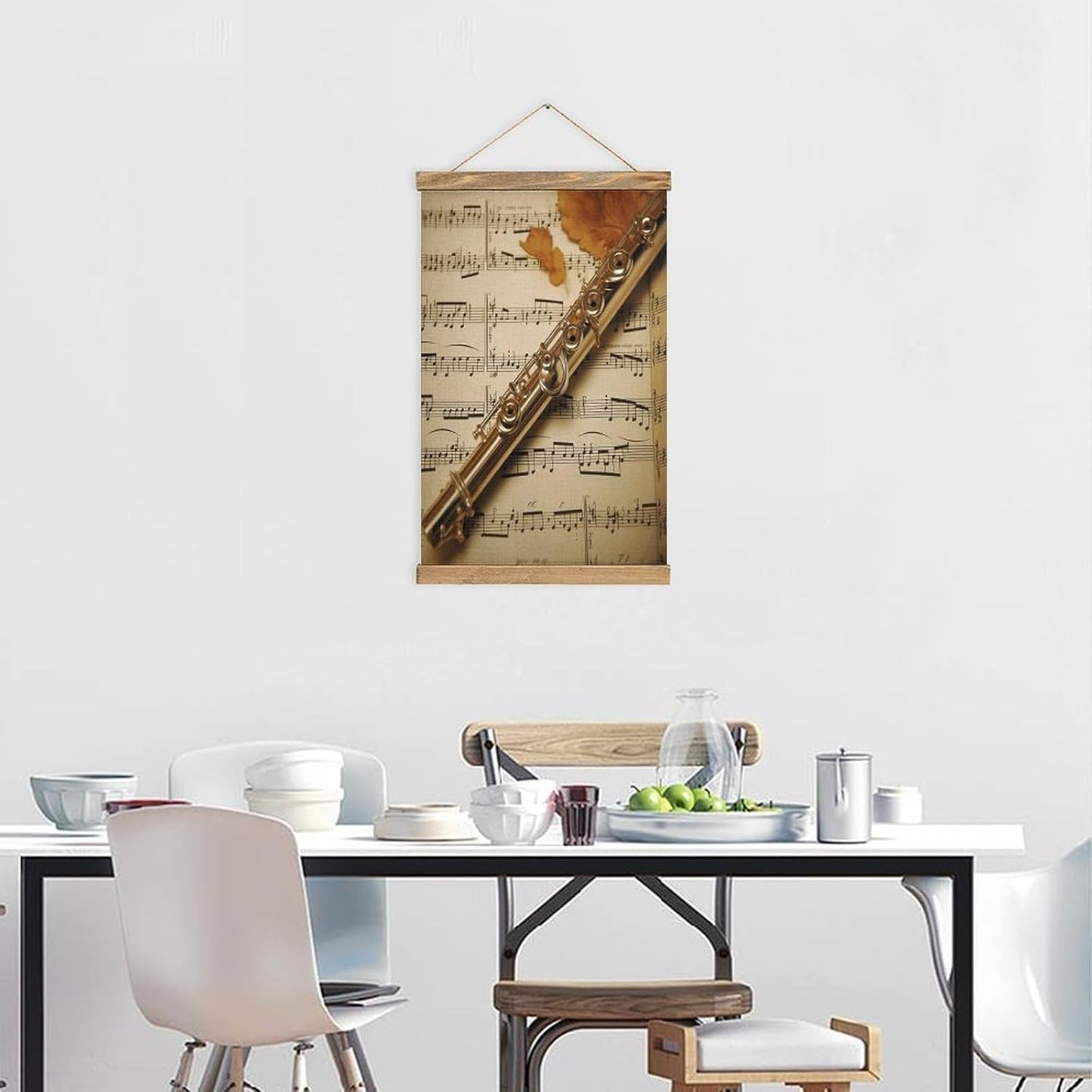 Vintage Flute Music Poster with Wooden Frame Personalized Linen Hanging Scroll Painting Rustic Wall Hanging Illustrative Modern Artwork Decor for Home Living Room Bedroom Office