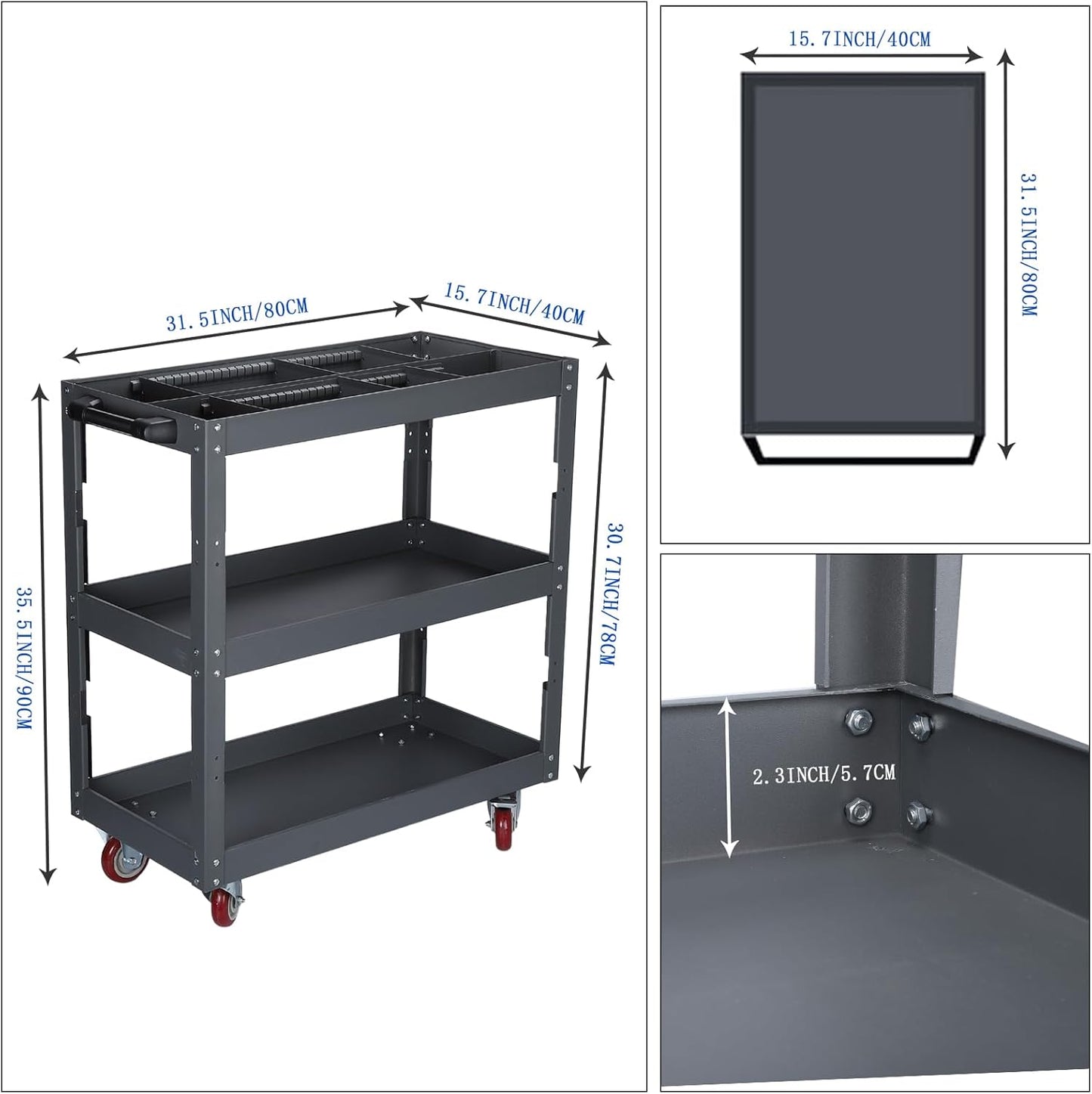 3 Tier Large Capacity Tool Cart, 660 lbs Tool Trolley with Adjustable Dividers, Lockable Wheels & Handle for Garden Warehouse Garage Workshops Grey One Size
