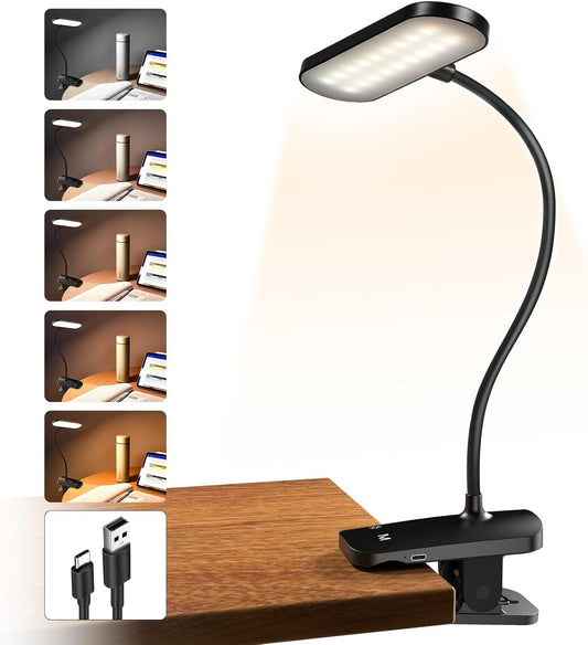 Clip on Desk Lamp, Battery Powered Reading Light with Strong Clamp - 5 Colors 5 Brightness, USB Rechargeable Portable Cordless Book Lamp for Bed Headboard Table Bedside Home Office (Black)