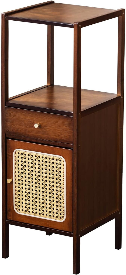 3-Tier Narrow Wood Bookcase with Rattan Door & Drawer — Mid-Century Modern, Walnut