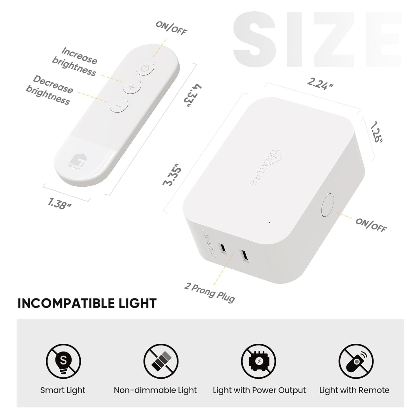 TREATLIFE 2 in 1 Dimmer Plug with Remote, No Smart Features, Wireless Remote Control Outlet, Up to 100FT Range, Plug-in Dimmer Switch for Dimmable Bulbs, String Lights, Max Power 300W