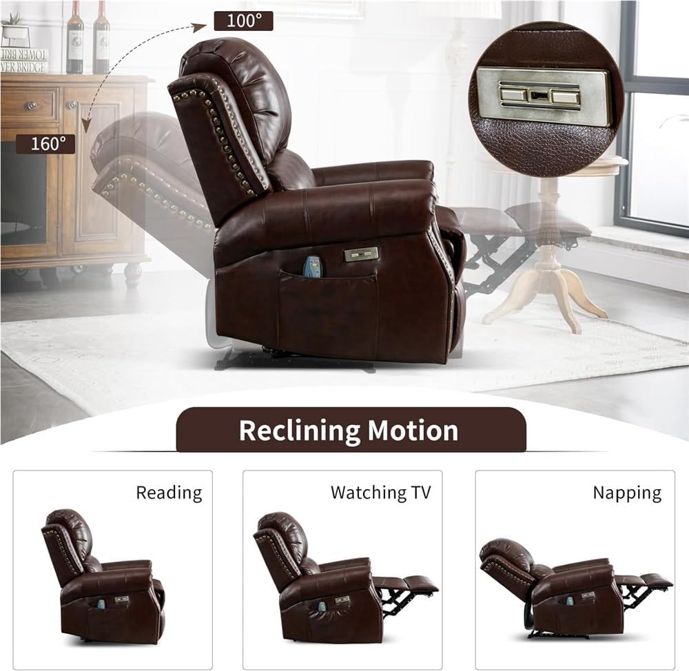 Power Lift Recliner Chair with Massage and Heat Electric Recliner Sofa with USB Ports Overstuffed Comfort Faux Leather Upholstery Caramel Brown Living Room Furniture