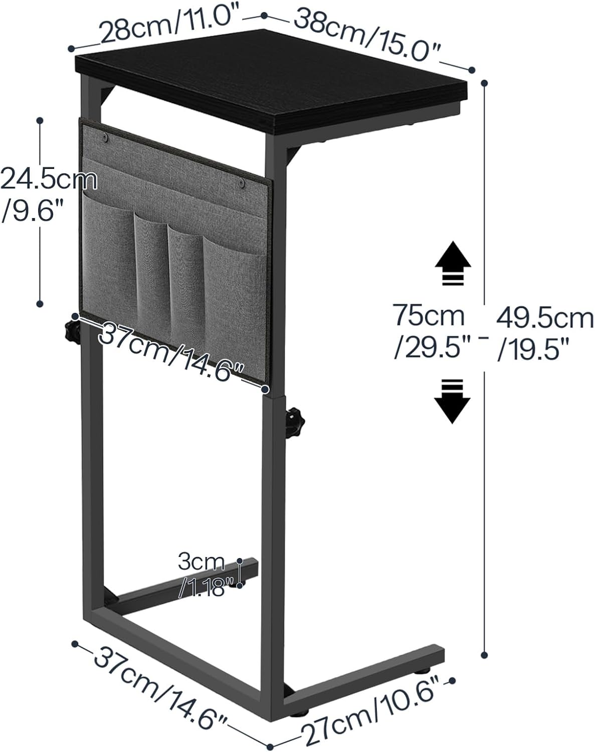 HOOBRO C Shaped End Table, Adjustable Side Table for Sofa, Couch Table that Slide Under, Small Table with Storage Pockets, for Living Room, Bedroom, Black BB77SF01
