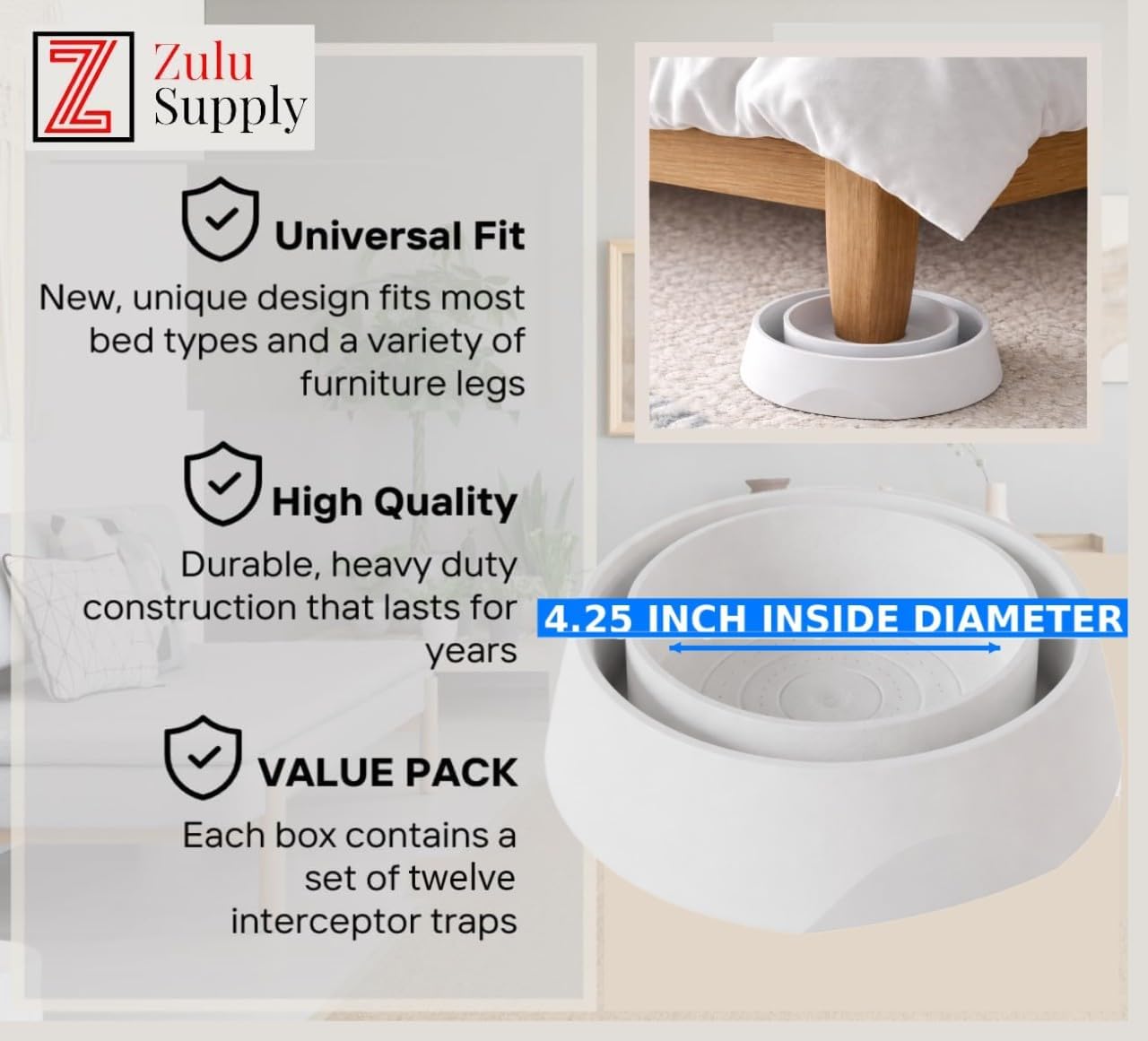 Bed Bug Interceptor Traps – White 12-Pack Passive Monitor & Detection Trap – Universal Fit for Bed & Furniture Legs – Reusable Non-Climbable Wall Pest Control Protection (White 12-Pack)
