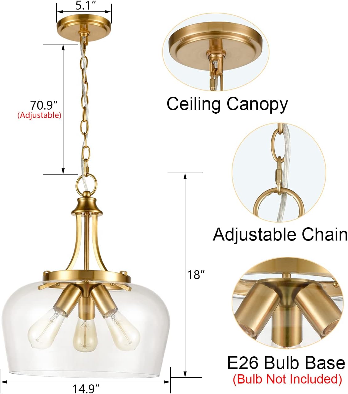 Modern Gold Pendant Light Mid Century 3-Light Clear Glass Pendant Lighting with Adjustable Chain Hardwired Brass Glass Pendant Lights Kitchen Island for Dining Room Bedroom Living Room