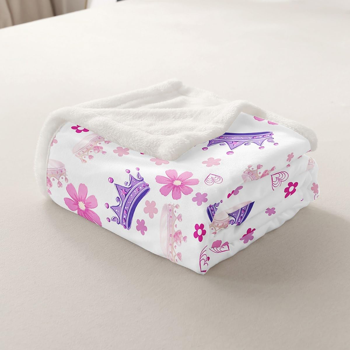 Manfei Princess Throw Blanket Pink Purple Crown Print Fleece Blanket, Cute Flower Girly Cartoon Throws for Bed Couch Sofa, Kids Girls Room Decor, Soft and Breathable(50 x 60 Inches)