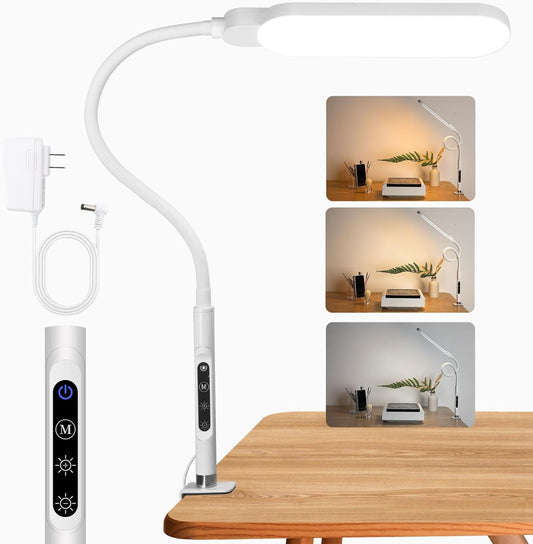 BQAN LED Desk Lamp with Clamp, 15W Eye-Caring Clip on Light, Adjustable Gooseneck Desk Lamps for Home Office with 5 Modes & 9 Brightness Levels for Reading, Studying, Nail Art, and Work (White)