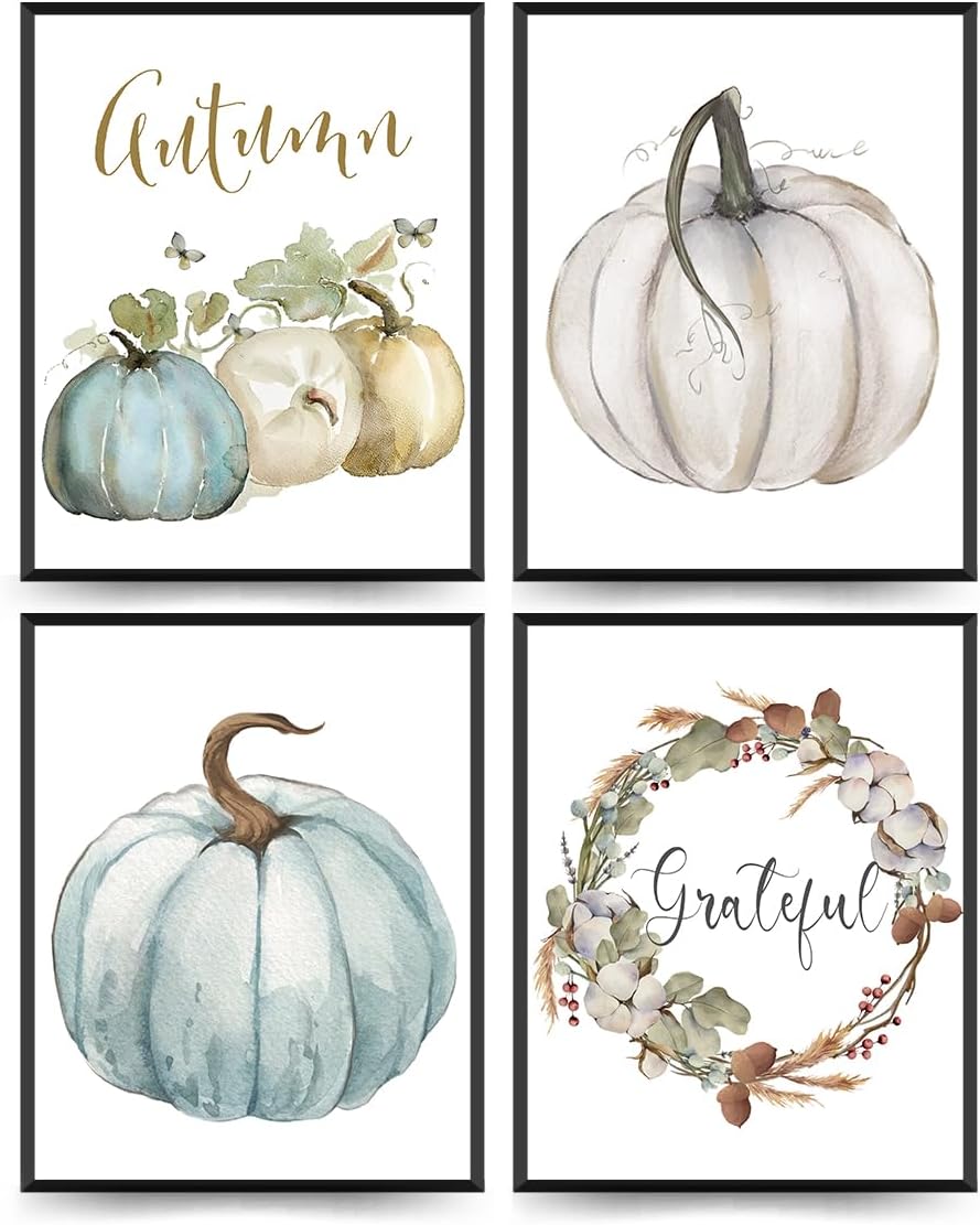 ETVISO Fall Wall Art Prints Decor Set of 4, Autumn Rustic Watercolor Pumpkin Floral Decor, Fall Decorations for Farmhouse Bedroom Living Room Home Porch Office, 8x10 (Unframed)