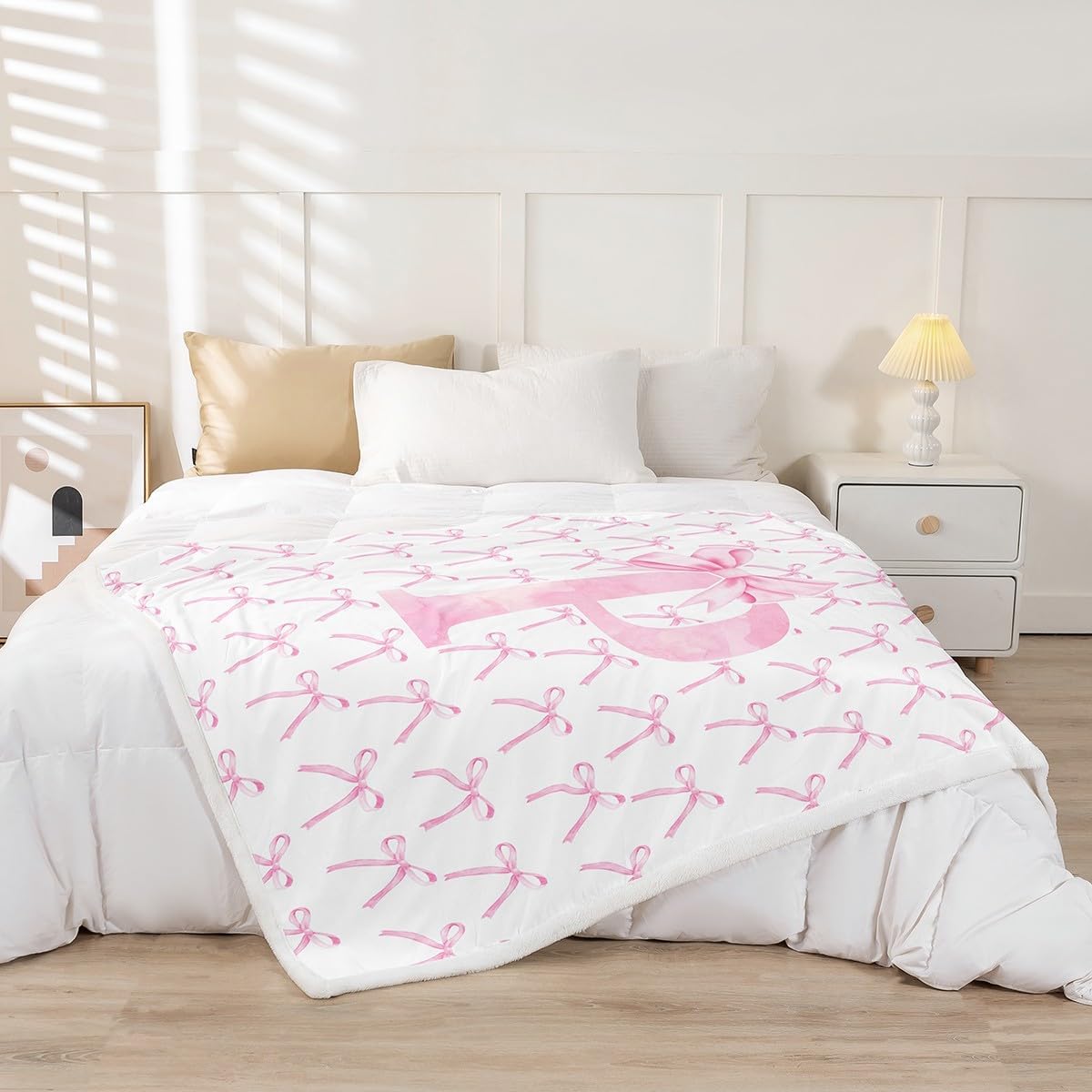 Cartoon Bowknot Kids Throw Blanket,Pink Bow Tie Letter P Knot Princess Girls Women Bed Blanket,Watercolor Bow Patchwork Pink White Fuzzy Blanket,Throw Size (50 x 60 Inches)