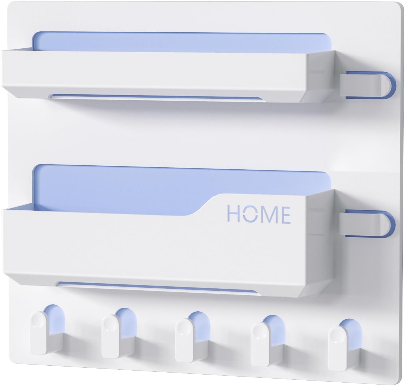 Bedside Shelf Wall Mount, Adhesive Bedside Shelf Accessories Organizer with Hooks and Cable Clips,Dorm Bedside Wall Storage for Phone, Remote, Earphone, Kindle,Plastic (5 Hooks Style)