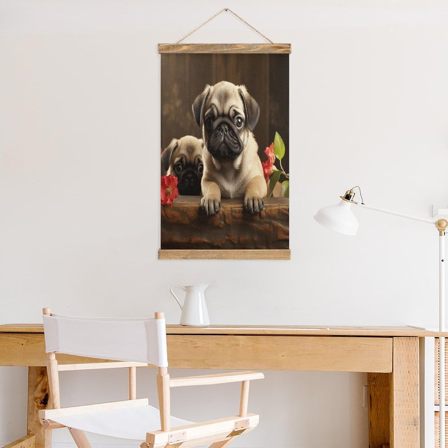 Vintage Puppys Pug Poster with Wooden Frame Personalized Linen Hanging Scroll Painting Rustic Wall Hanging Illustrative Modern Artwork Decor for Home Living Room Bedroom Office