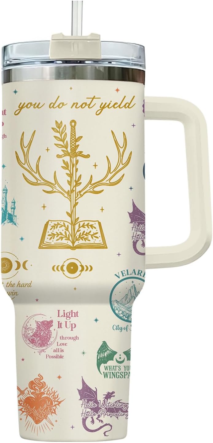Fantasy Bookish Tumbler - 40oz Insulated Stainless Steel Mug with Handle - Dragon and Sword Throne Aesthetic - You Do Not Yield Quote - Gift for Epic Fantasy Readers, Book Lovers