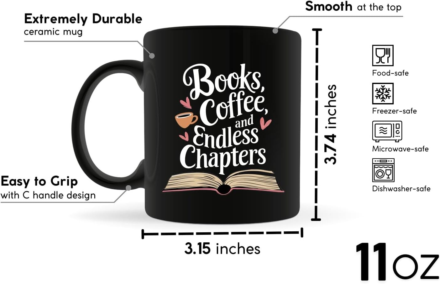 Book Lovers Coffee Mug 11oz Black -Endless Chapters - Gift for Book Club Bookworm Bookish Reading Nerdy Avid Readers Women
