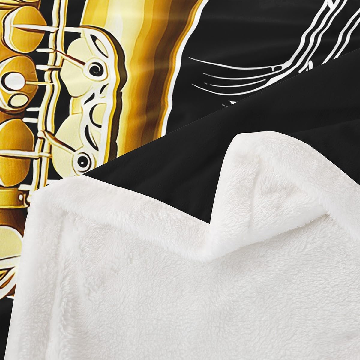 Erosebridal Saxophone Sherpa Blanket With Rotating Musical Notes - Fleece Throw for Kids, Boys, Girls - Retro Jazz Music Theme Fuzzy Decor for Sofa - Queen 90"x90" Gold Black
