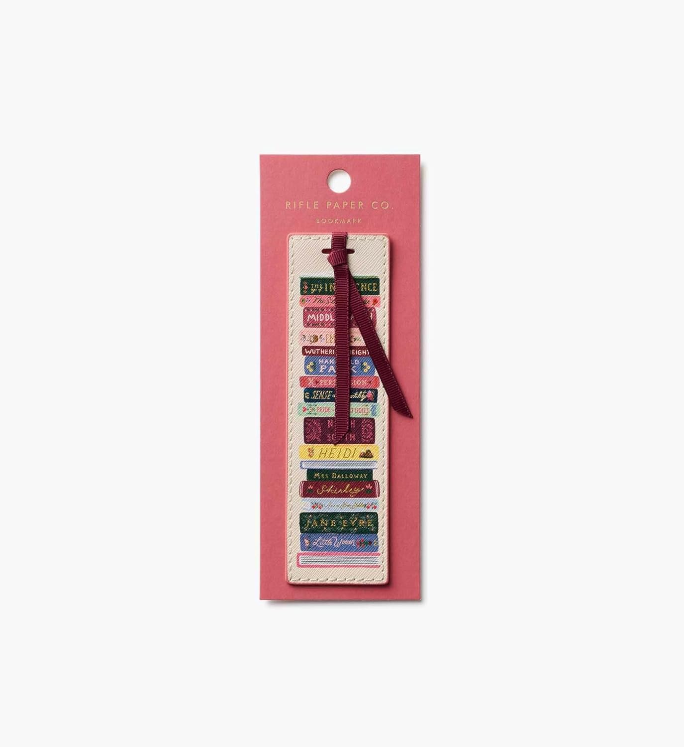 RIFLE PAPER CO. Ladies Night Book Club Bookmark, 1.75" W x 6" L, Illustrated Stack of Classic Titles, Saffiano Polyurethane, Grosgrain Ribbon, Wipe-Clean