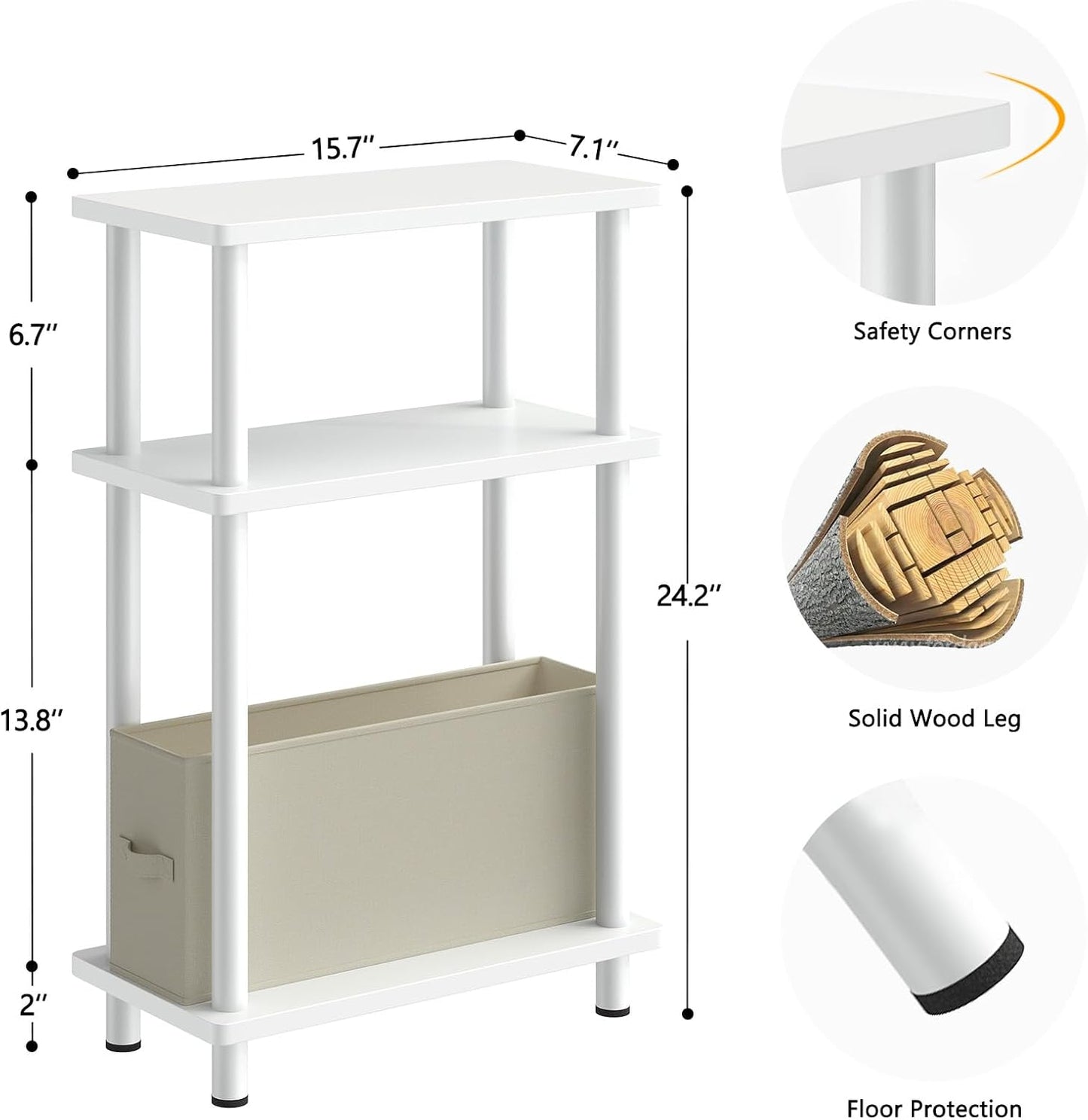 Apicizon Small Narrow Side Table, 3-Tier Skinny End Table with Fabric Basket, Slim Nightstand Bedside Table for Small Spaces, Living Room, Bderoom, White