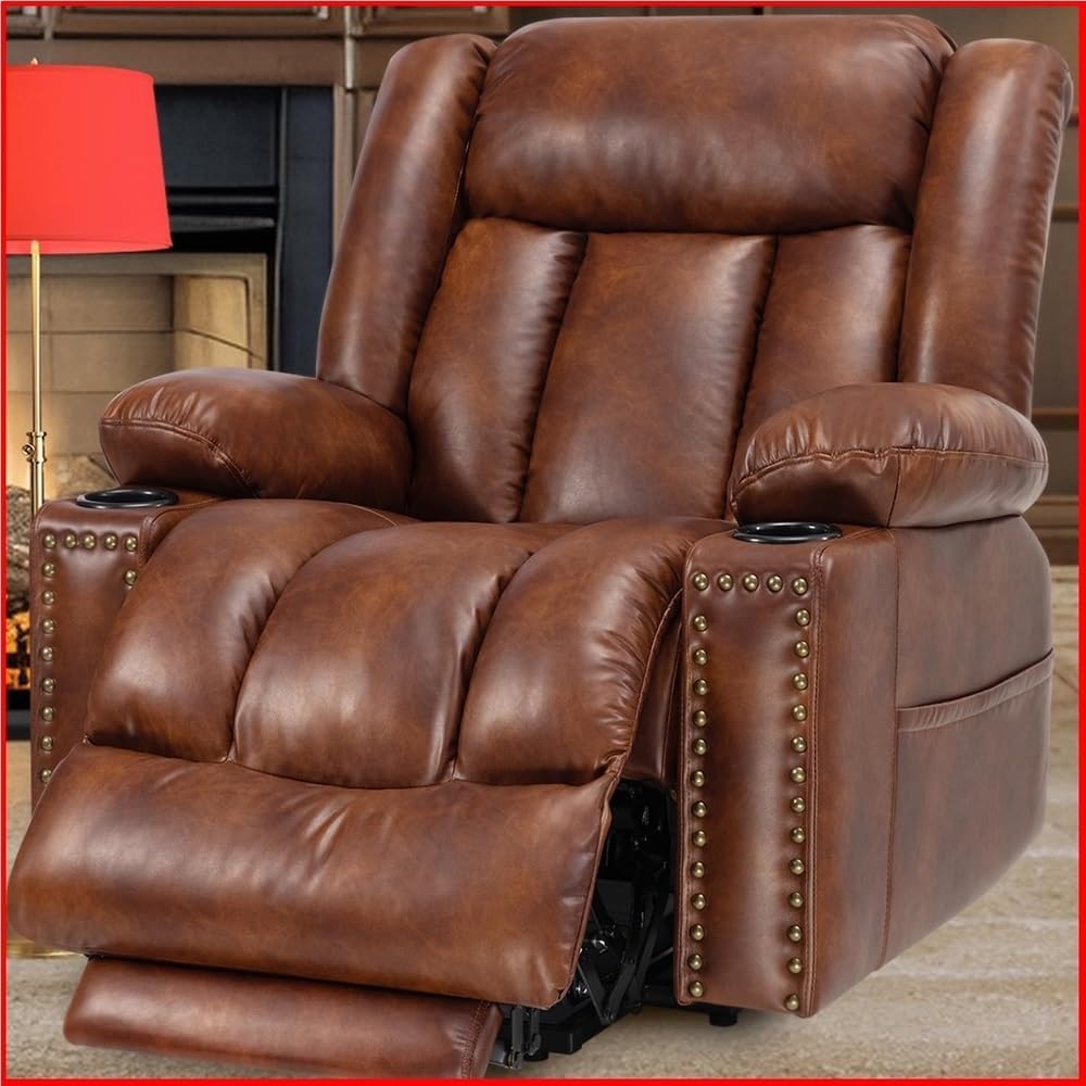 Large Wide Power Lift Recliner Chair for Elderly, Electric Reclining Sofa with Heat & Vibration Massage, Extended Footrest, Cup Holders, Side Pockets, Leather Light Brown