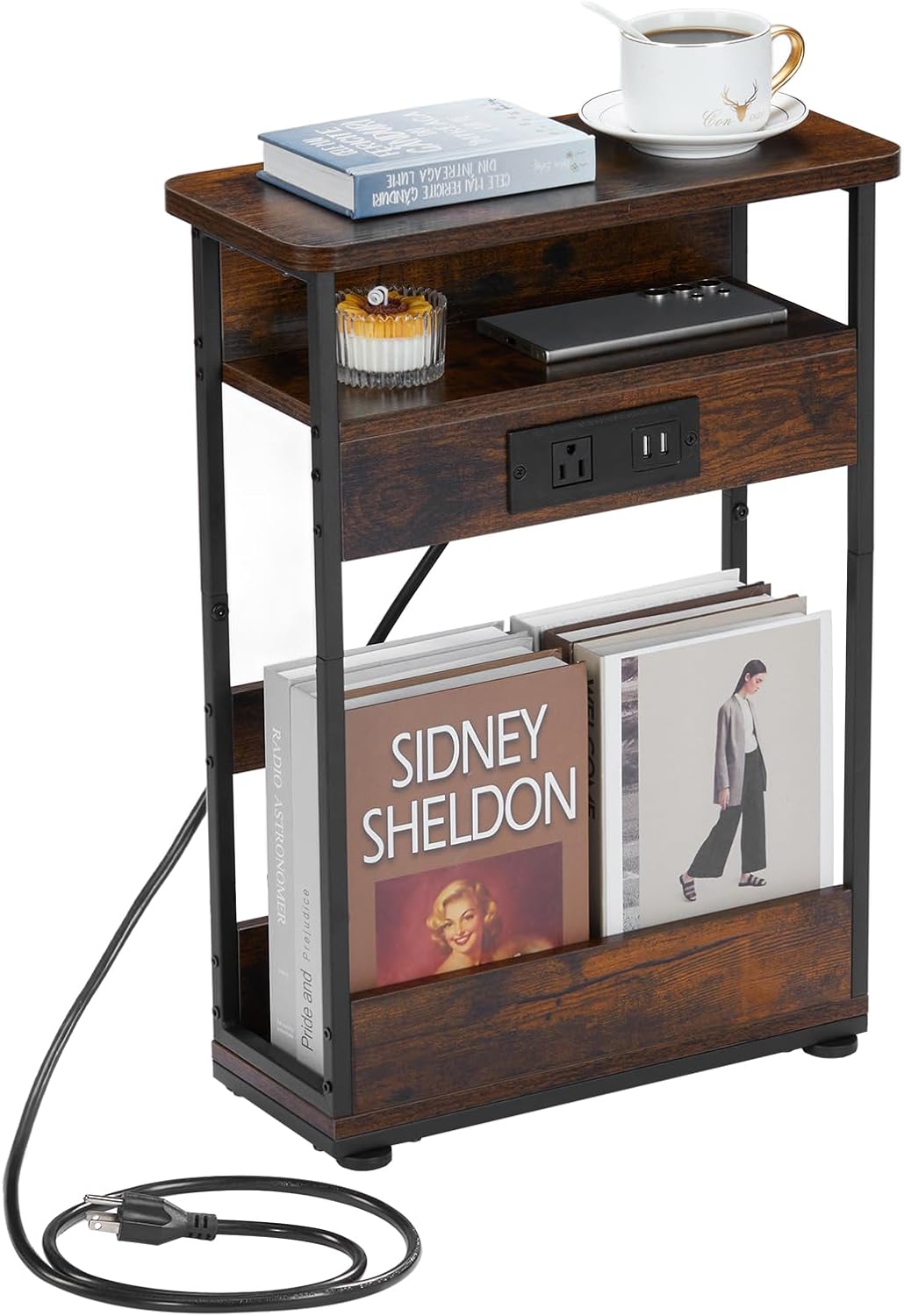 Narrow Side Table With Charging Station, 3-Tier End Table with 2 USB Ports & Power Outlets,Thin Sofa Side Table for Narrow and Small Spaces, Bedside Table Nightstand for Living Room,Rustic Brown
