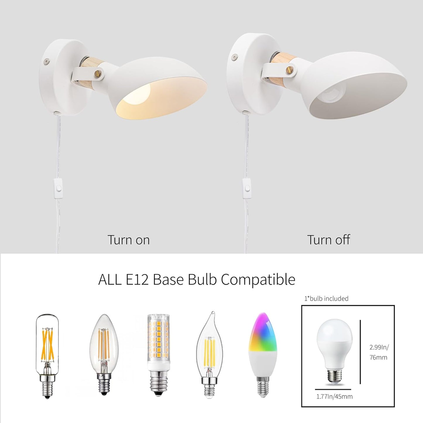 Aisilan Modern Wall Sconce with Plug in Cord and On Off Switch 5W E12 Bulb Matte White Swivel Wall Light for Bedside Living Room Corridor Hotel 3000k White