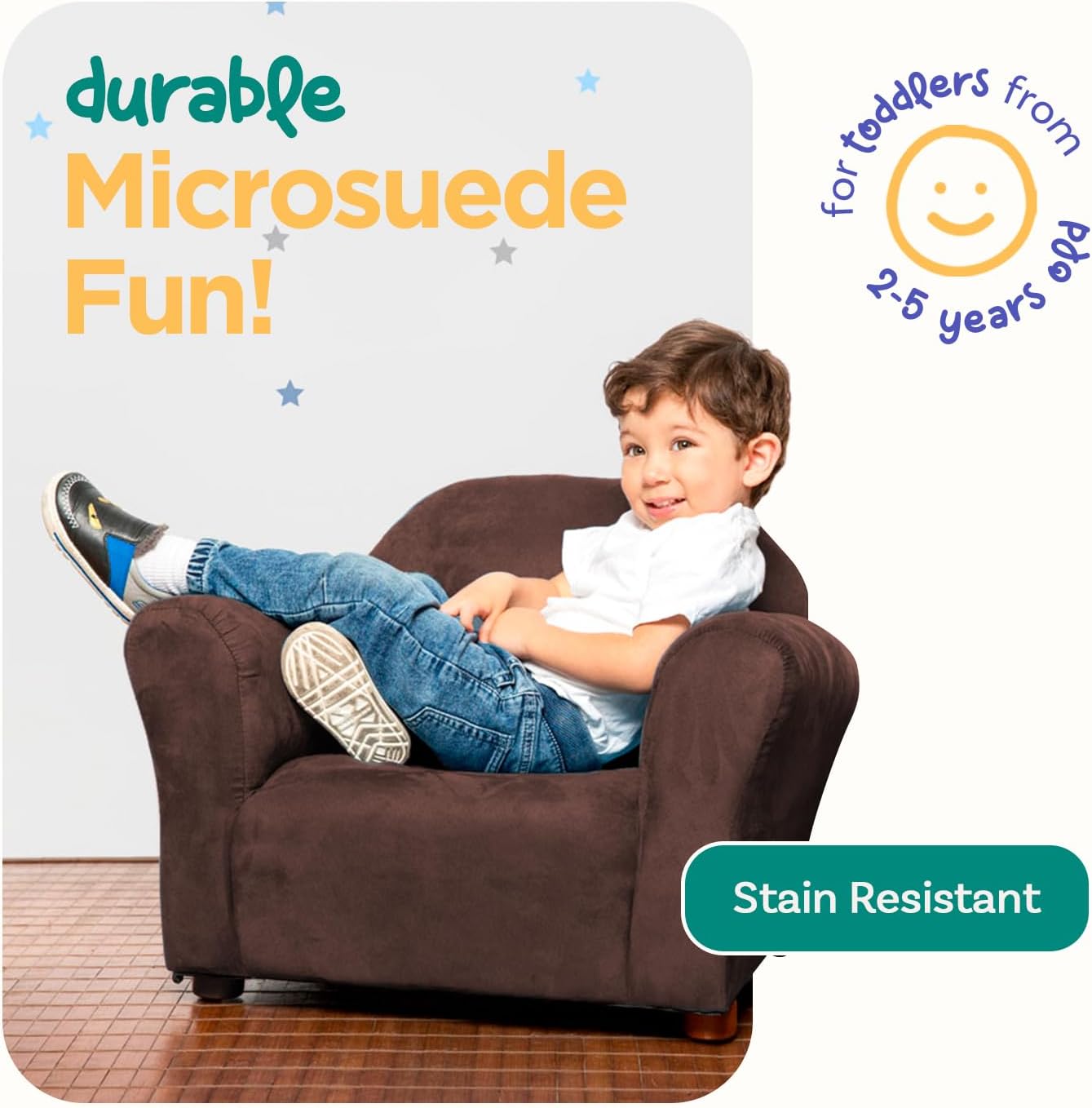 Roundy Toddler Armchair with Soft Microsuede Upholstery Durable Wooden Frame, Ergonomic Design, Fully Assembled, Comfortable Kids Chair for Ages 2-5, Ideal for Bedroom, Playroom & Daycare Use.