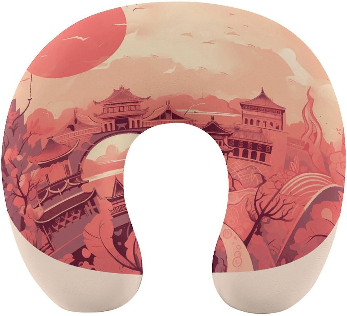 Chinese Architectural Patterns Neck Pillow Memory Foam U Shaped Pillows Portable Pillows for Shoulder Travel Head Support Pillow with Concealed Zipper for Airplane Car Home Office