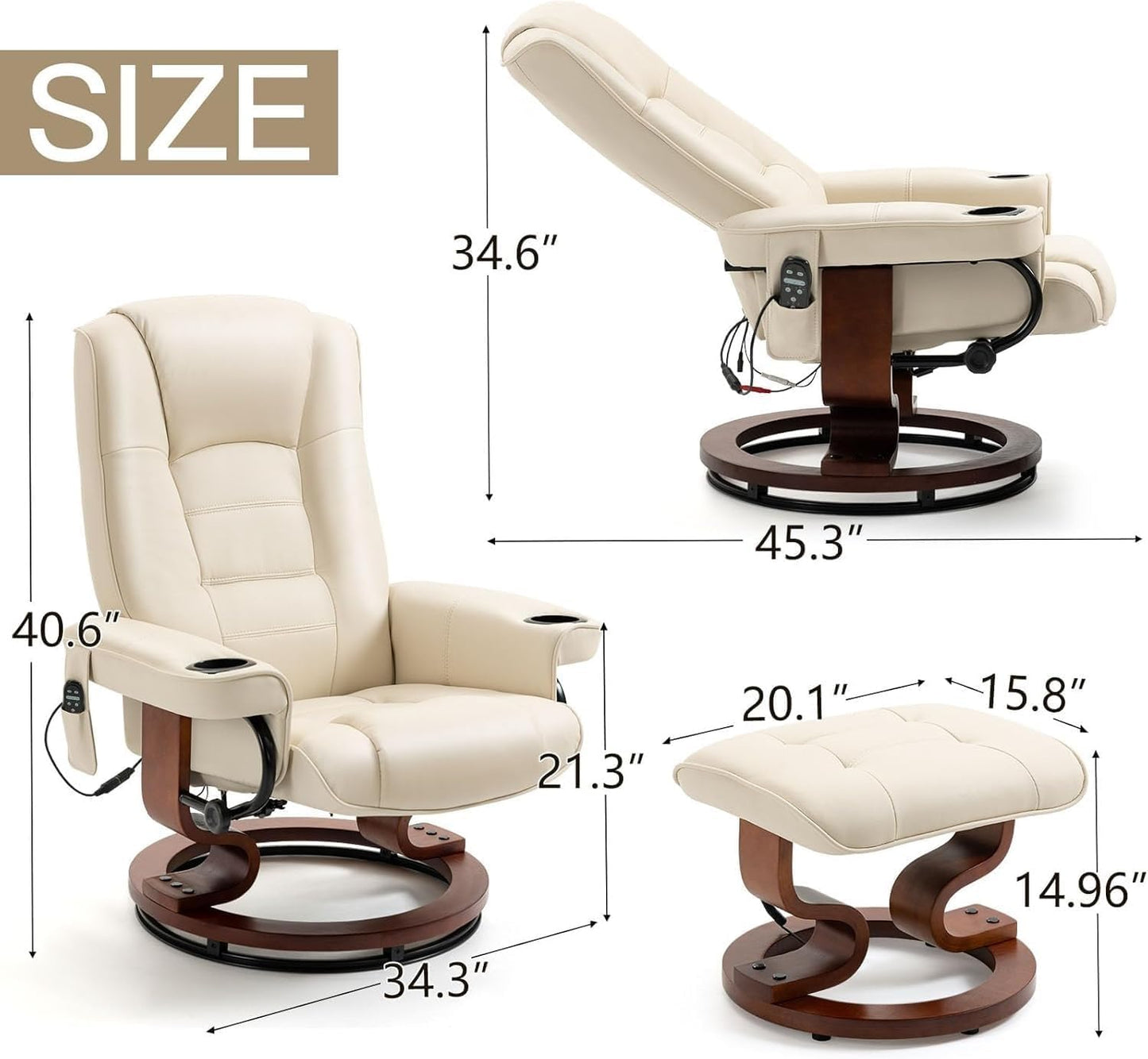 Electric Massage Recliner Chairs with Ottoman Footrest Adjustable Back Faux Leather Swivel Lounge Chair for Living Room Office Bedroom Furniture