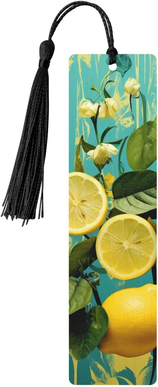 Lemons and Leaves Bookmarks Gifts for Women Men, Wooden Bookmarks for Book Lovers, Vintage Book Marks Ornaments with Tassel, Unique Personalized Reading Page Markers Black