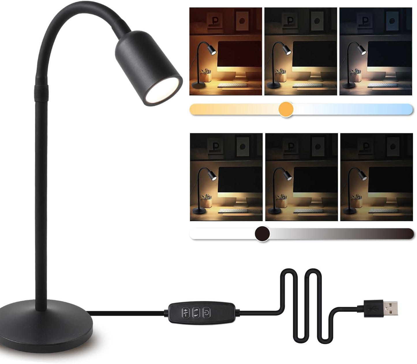 DAMI Dimmable LED Desk Lamp USB Powered, 3 Color Modes Flexible Gooseneck Reading Light, Eye-Caring Small Table Lamp for Home Office Study Bedroom Dorm Bedside - Black