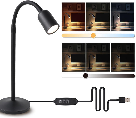 DAMI Dimmable LED Desk Lamp USB Powered, 3 Color Modes Flexible Gooseneck Reading Light, Eye-Caring Small Table Lamp for Home Office Study Bedroom Dorm Bedside - Black