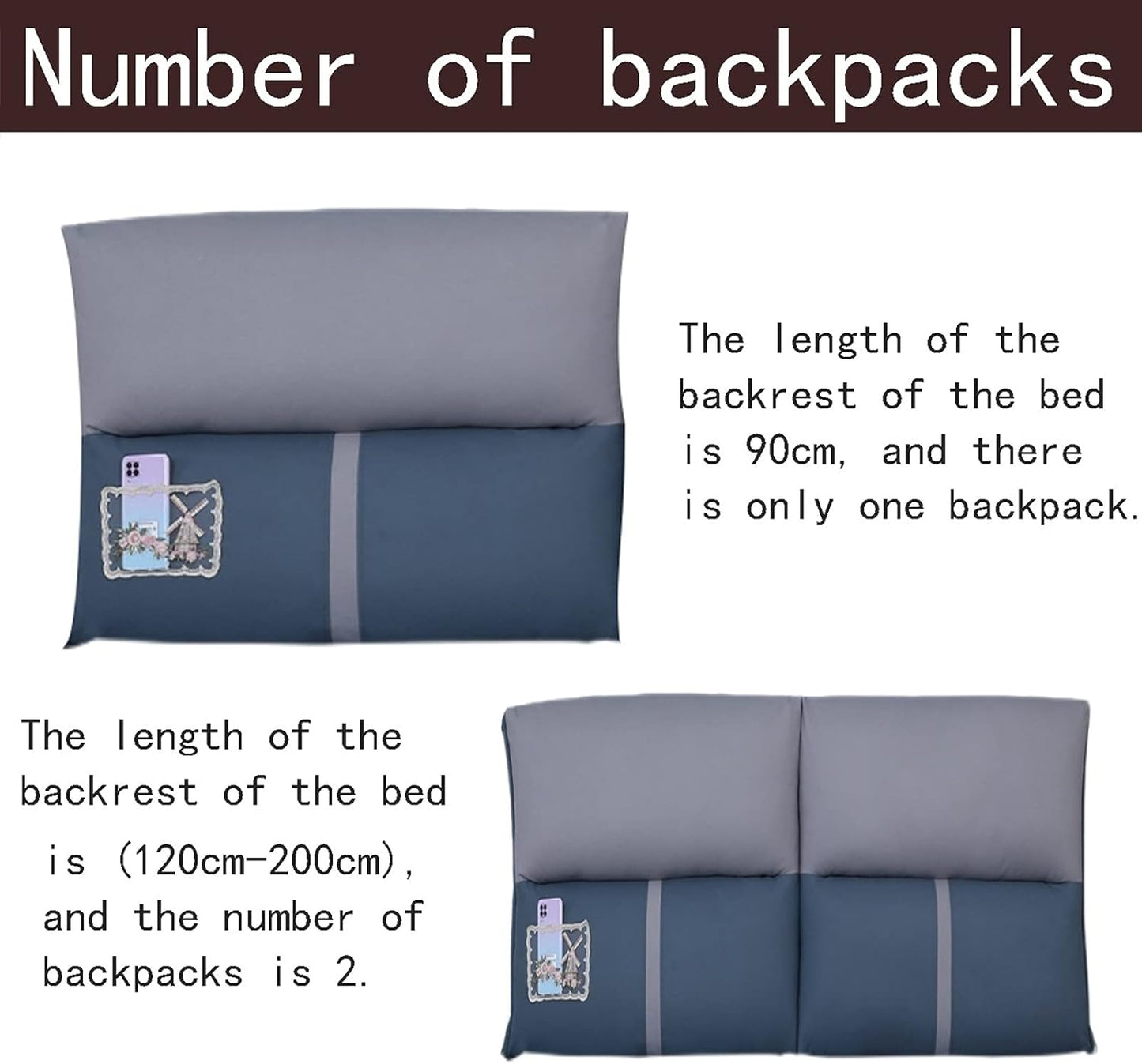 Headboard Bed Backrest Cushion Lumbar Support Cushions Reading Pillows Rectangular Bed for Twin Full Bueen and King Sizes 5 Colour 5 Size (Colour : (Blue+Gray) Size : 90 x 60 x 13 cm (Blue+Gray) 120 x