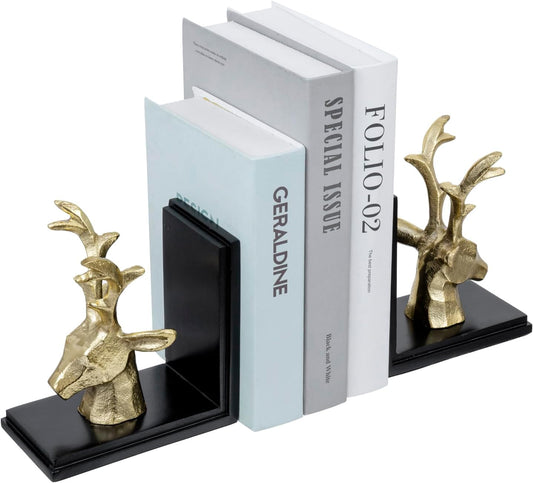 MyGift Brass Decorative Bookends, Modern Stag, Book Ends Holder Stopper for Shelves, Cast Aluminum Male Deer Head on Black Acacia Wood, for Home Library Office Desk, Handcrafted in India, 1 Pair