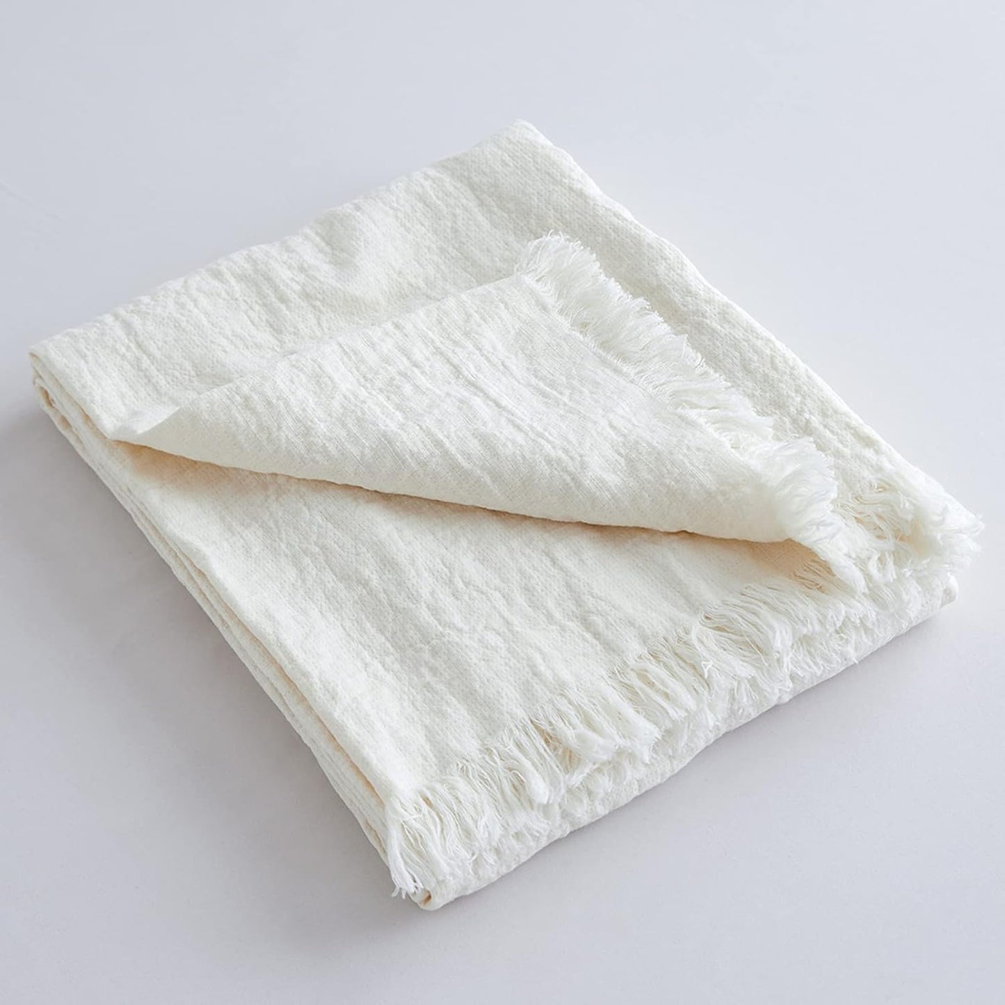 100% Linen Throw Blanket with Fringe for Couch/Bed/Sofa/Gift, Natural Washed Flax Solid Color Soft Breathable Cozy Farmhouse Boho Home Décor - White, 55"x75"