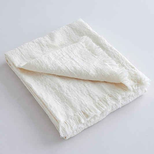 100% Linen Throw Blanket with Fringe for Couch/Bed/Sofa/Gift, Natural Washed Flax Solid Color Soft Breathable Cozy Farmhouse Boho Home Décor - White, 55"x75"