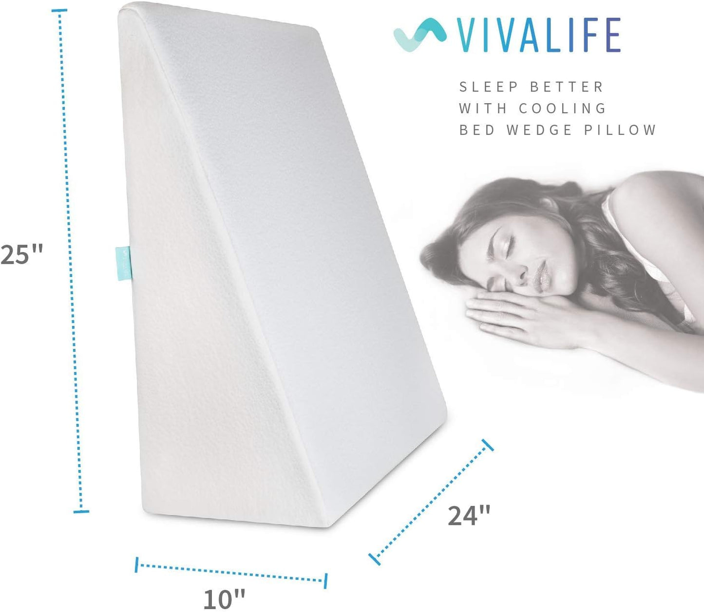 Vivalife Bed Wedge Pillow Gel Memory Foam Top - Cooling Elevated Support Cushion for Lower Back Pain, Acid Reflux, Heartburn, Allergies, Snoring - Ultra Soft Breathable Cover (10 Inch Wedge)