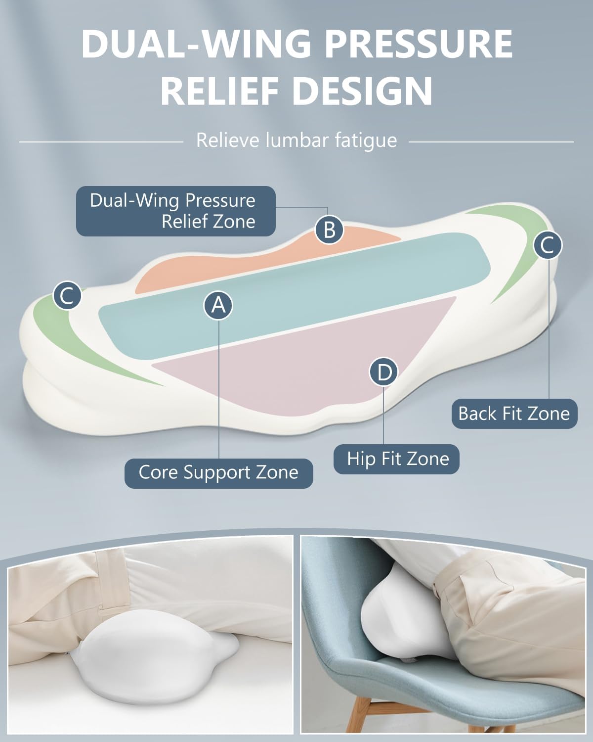 SMDR Ergonomic Lumbar Support Pillow, Dual-Wing Memory Foam Back Cushion for Lower Back Pain Relief & Posture Support (Standard Height), Washable Cover