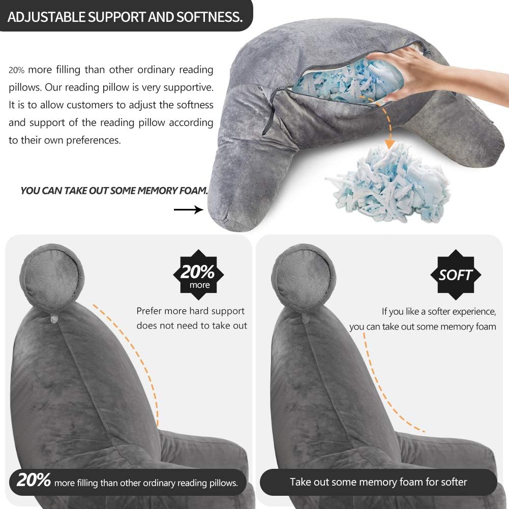 Extra Large Reading Pillow for Sitting in Bed Adult with Detachable Neck Support Cushion & Backrest Pillow for Bed with Arms and Side Pocket Shredded Foam Back Pillow with Washable Cover