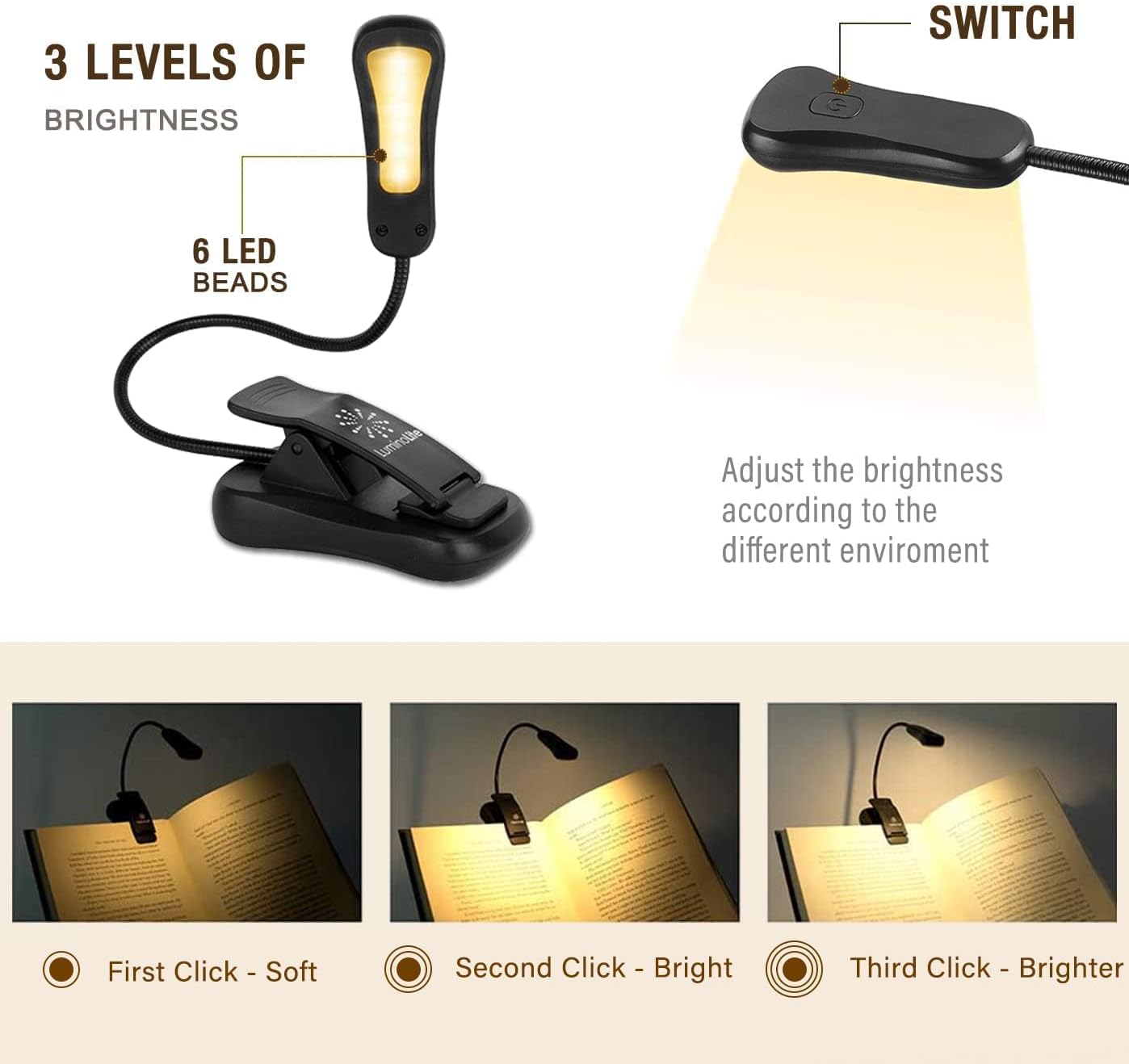 Vekkia 3000K Warm LED Rechargeable Book Light, Easy for Eyes, Clip on Reading Lights for Books in Bed, Car & Travel, Lightweight Slim 2.1 oz. Great for Readers