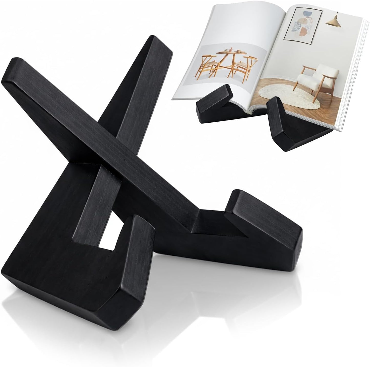 Wooden Cookbook Stand for Kitchen, Rustic Black Counter Cookbook Holder Book Stands Display for Recipe, Photo, Plate, Tablet PC (Black)